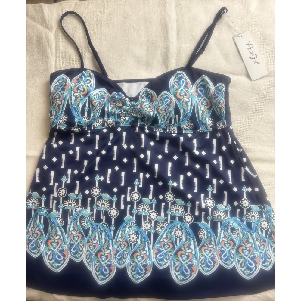 ROSEGAL Geometric Print Tankini Swim Top Navy Blue Sizeโ 4X (22W) NEW NWT